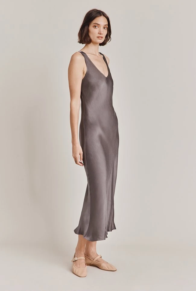 Palm Satin Slip Midi Dress Grey - Image 3