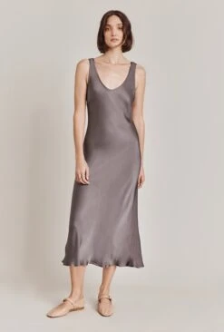 Palm Satin Slip Midi Dress Grey