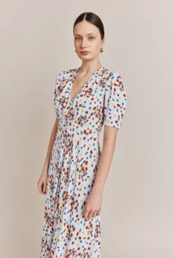Lucy Satin Midi Dress Blue Umbrella Flowers