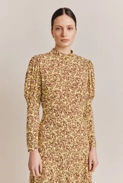 Lea Crepe Midi Dress Yellow Flowerpots