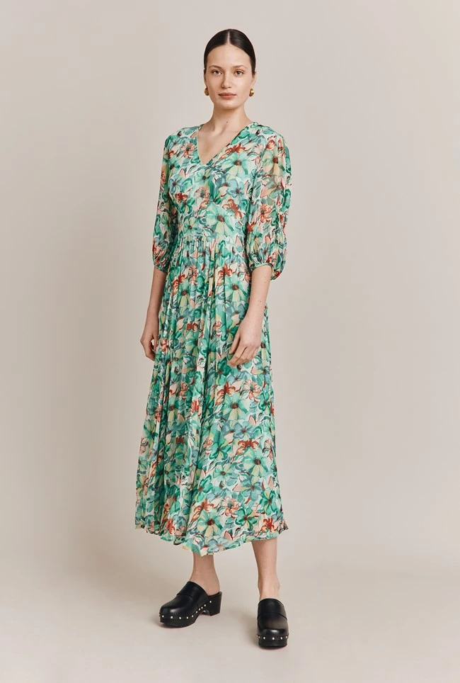 Margot Georgette Midi Dress Green Floral - Image 2