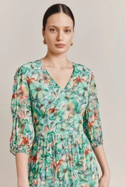 Margot Georgette Midi Dress Green Floral