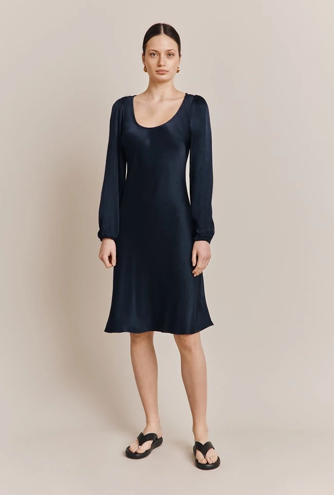 Josephine Satin Knee Length Dress Navy
