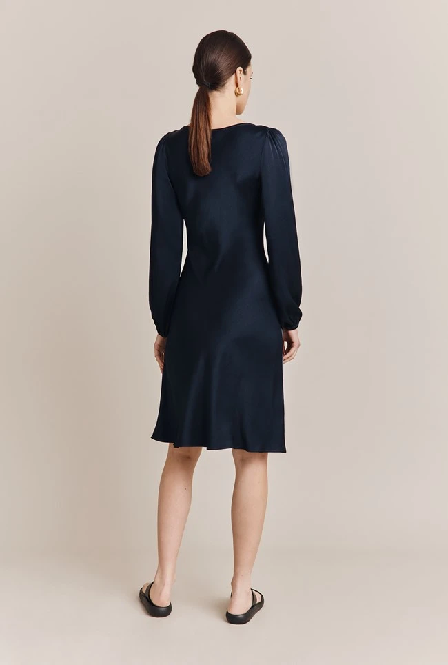Josephine Satin Knee Length Dress Navy - Image 4