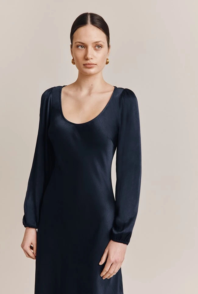 Josephine Satin Knee Length Dress Navy - Image 3