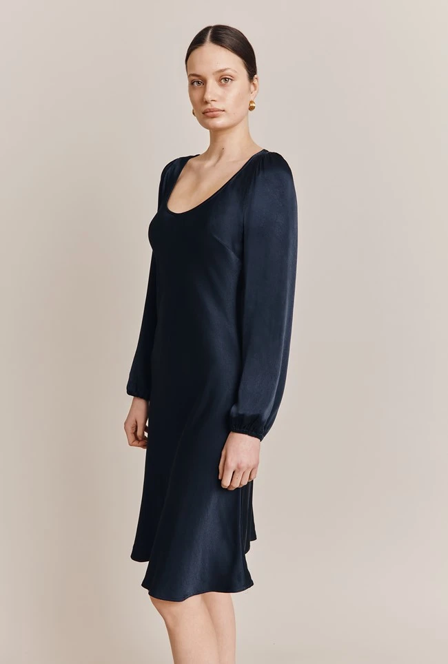 Josephine Satin Knee Length Dress Navy - Image 2