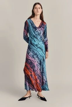 Milana Satin Maxi Dress Blue Tie Dye Print