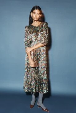 Maya Tiered Satin Midi Dress Green Ikat