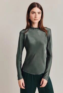 Mika Satin Turtleneck Top Dark Sage