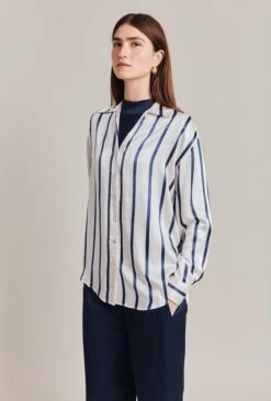 Amy Satin Long Sleeve Shirt Navy Stripe