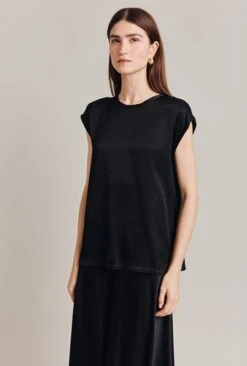 Melody Satin Short Sleeve Top Black