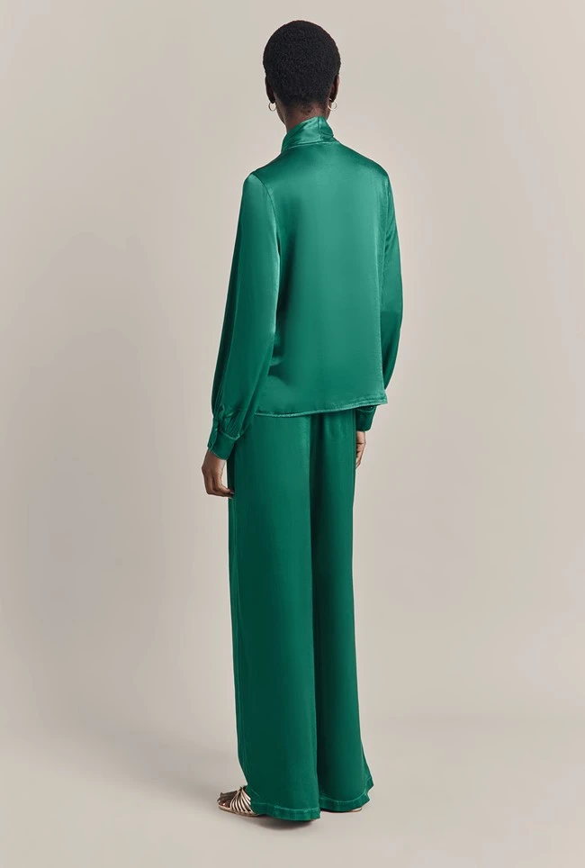 Anna Satin Pussybow Blouse Green - Image 5