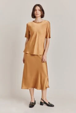 Luna Satin Slip Skirt Tobacco Brown