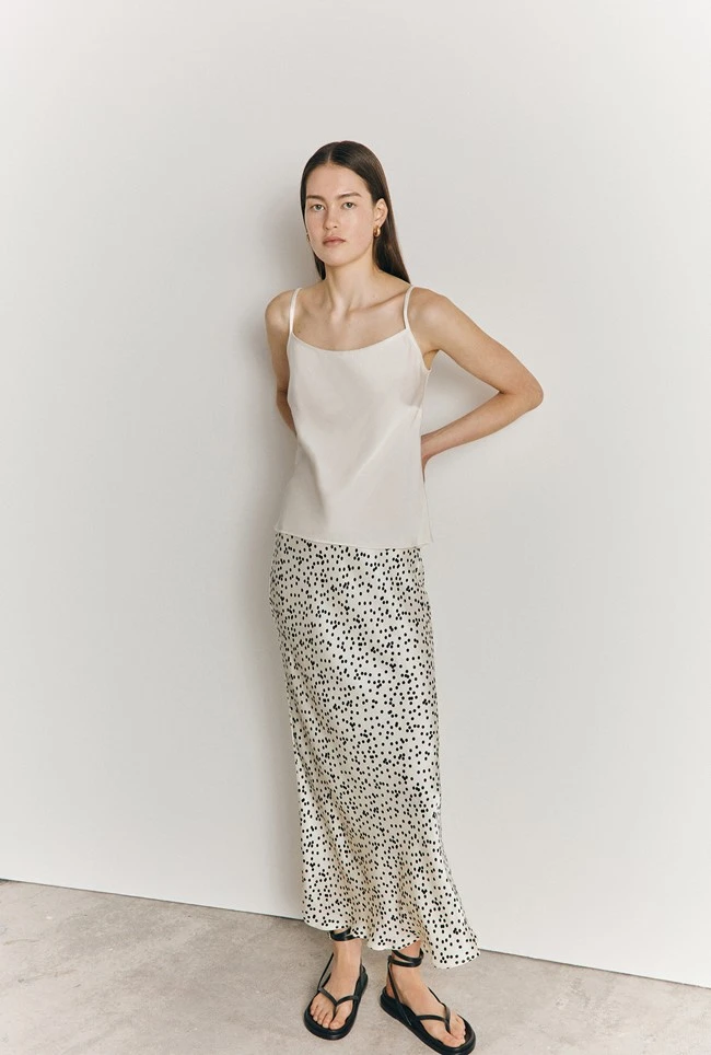 Emma Satin Slip Midi Skirt Cream Spot - Image 2